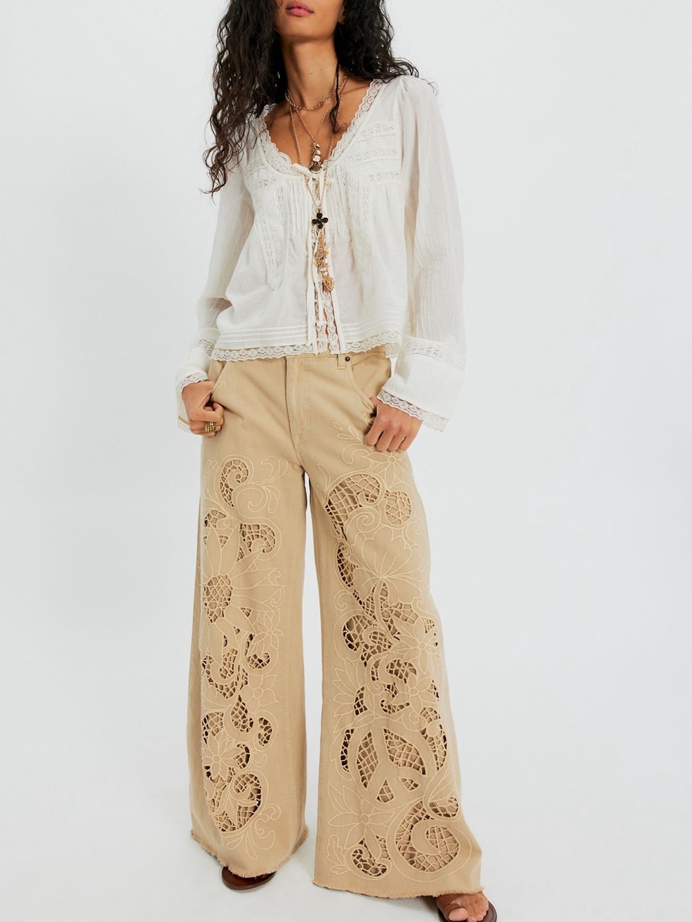 Free People We The Free Cut To The Chase Flare Jeans in Antique Lace, NWT